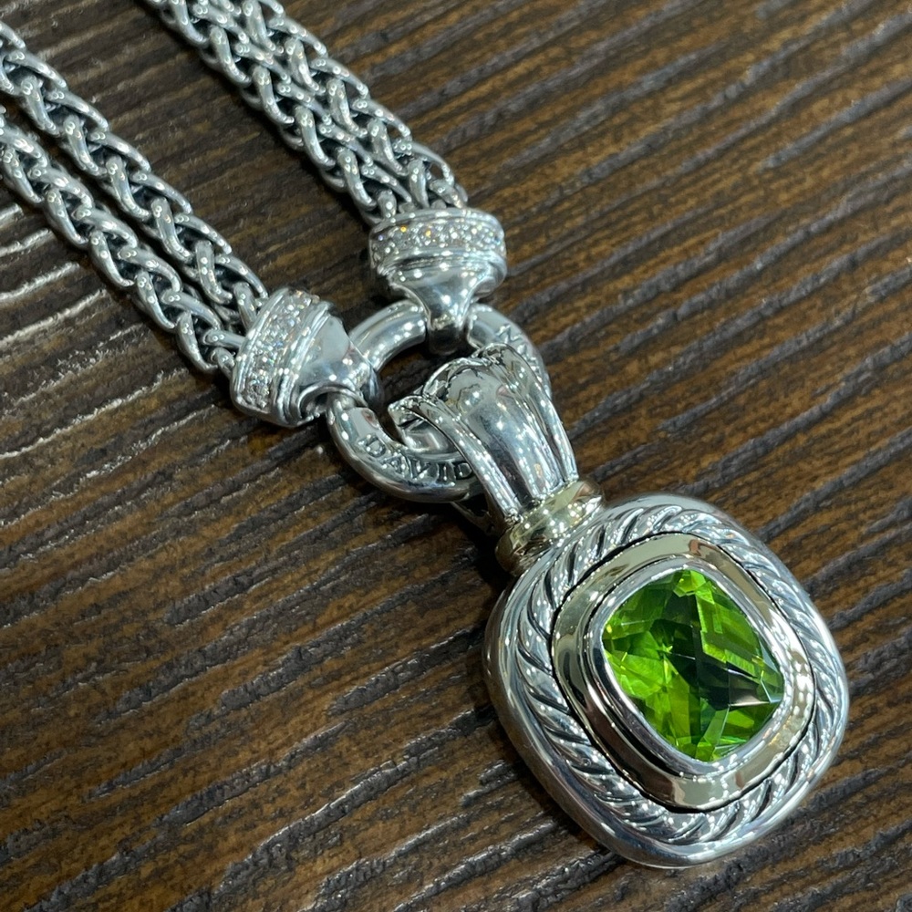 David Yurman Silver & 14k gold Double Wheat Chain Diamond Peridot Necklace
